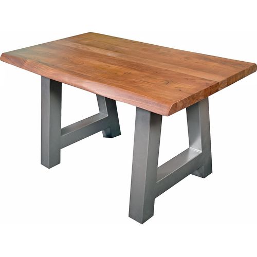Esstisch 140 x 80 cm Cali, Baumkantentisch nussbaumfarben, Akazienholz massiv, A-Gestell aus Metall Silber, aufgedoppelte Kanten 25+25 mm