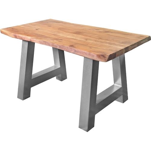 Esstisch 160 x 85 cm Cali, Baumkantentisch naturfarben, Akazienholz massiv, A-Gestell aus Metall Silber, aufgedoppelte Kanten 25+25 mm