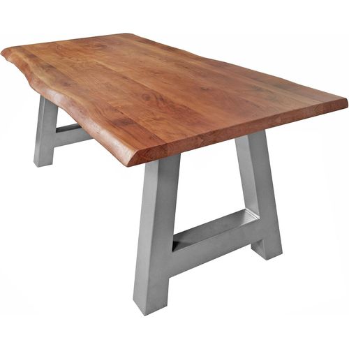 Esstisch 240 x 100 cm Cali, Baumkantentisch nussbaumfarben, Akazienholz massiv, A-Gestell aus Metall Silber, aufgedoppelte Kanten 25+25 mm