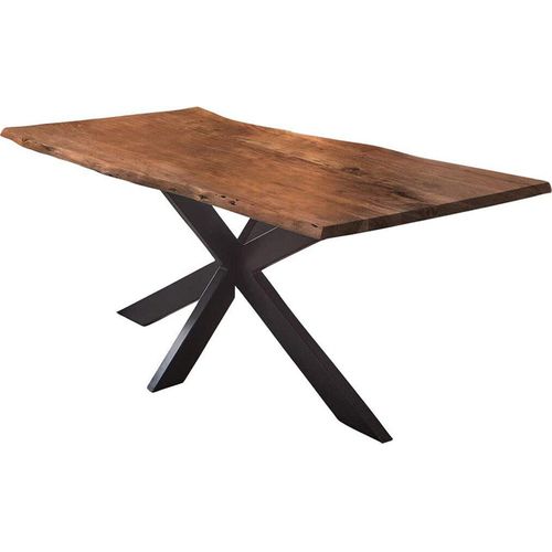 Esstisch 140x80cm Salerno, Akazienholz nussbaumfarben + massiv + lackiert, echte Baumkante, Baumkantentisch, Spider-Metallgestell Schwarz, Esszimmertisch, Tischplatte 35mm