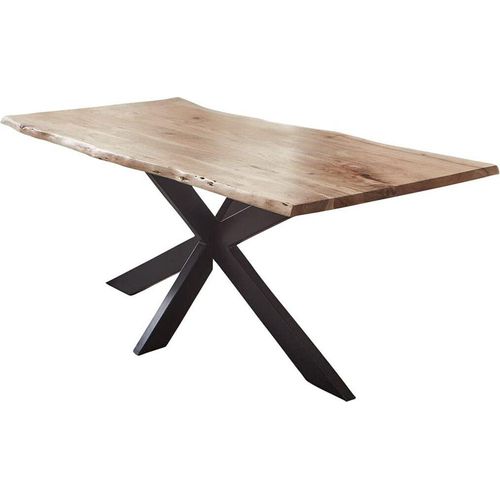 Esstisch 140x80cm Salerno, Akazienholz naturfarben + massiv + lackiert, echte Baumkante, Baumkantentisch, Spider-Metallgestell Schwarz, Esszimmertisch, Tischplatte 35mm