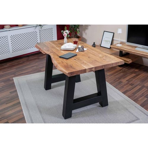 Esstisch 160 x 85 cm Cali, Baumkantentisch naturfarben, Akazienholz massiv, A-Gestell aus Metall Schwarz, aufgedoppelte Kanten 25+25 mm