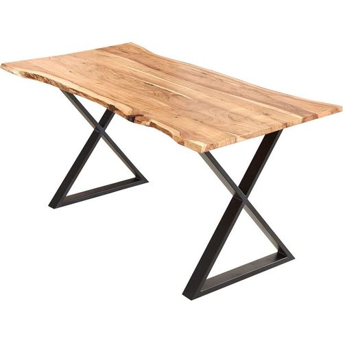 Esstisch 120x80cm Marbella, echte Baumkante, Akazienholz naturfarben + massiv, Baumkantentisch mit geschlossenem X-Metallgestell Schwarz, Esszimmertisch