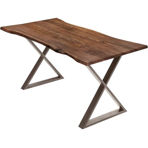 Esstisch 280x100cm Marbella, echte Baumkante, Akazienholz nussbaumfarben + massiv, Baumkantentisch mit geschlossenem X-Metallgestell Edelstahlfarben, Esszimmertisch