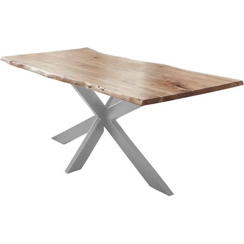 Esstisch 220x100cm Salerno, Akazienholz naturfarben + massiv + lackiert, echte Baumkante, Baumkantentisch, Spider-Metallgestell Silber, Esszimmertisch, Tischplatte 35mm