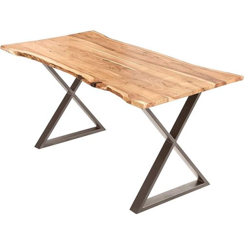 Esstisch 180x90cm Marbella, echte Baumkante, Akazienholz naturfarben + massiv, Baumkantentisch mit geschlossenem X-Metallgestell Edelstahlfarben, Esszimmertisch