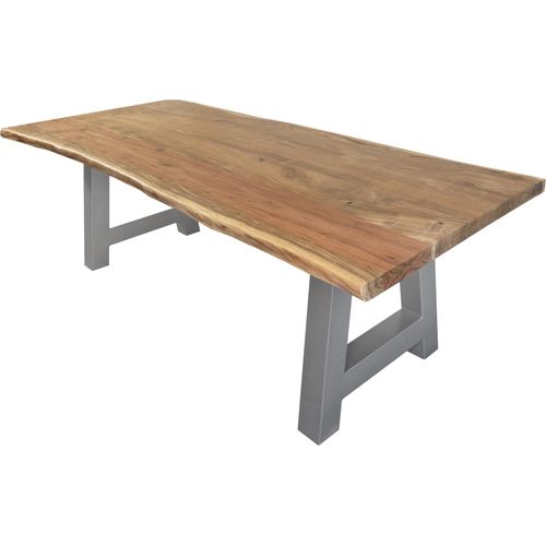 Esstisch 240 x 100 cm Cali, Baumkantentisch naturfarben, Akazienholz massiv, A-Gestell aus Metall Silber, aufgedoppelte Kanten 25+25 mm