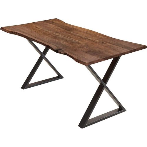 Esstisch 120x80cm Marbella, echte Baumkante, Akazienholz nussbaumfarben + massiv, Baumkantentisch mit geschlossenem X-Metallgestell Schwarz, Esszimmertisch
