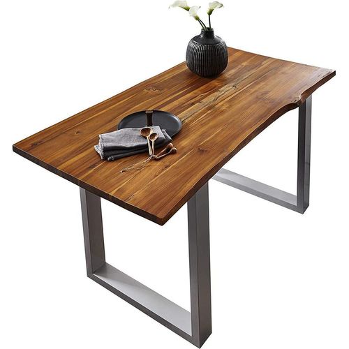 Esstisch Esra 140 x 80 cm, Akazienholz massiv, cognacfarben, Baumkantentisch mit Metallgestell in Silber, Esszimmertisch mit Baumkantenplatte 26 mm, echte Baumkante