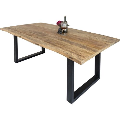 Esstisch Derek 300 x 100 cm, Mangoholz massiv, lackiert & naturfarben, Baumkantentisch mit U-Metallgestell in Mattschwarz, echte Baumkante, 26 mm