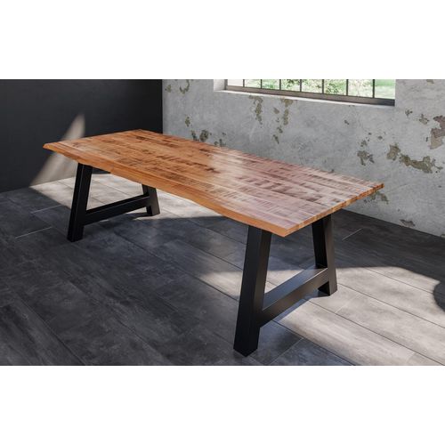 Esstisch Dora 300 x 100 cm, Mangoholz massiv, lackiert & naturfarben, Baumkantentisch mit A-Metallgestell in Mattschwarz, echte Baumkante, 26 mm