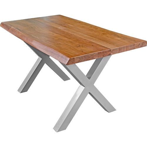 Esstisch 140 x 80 cm Cali, Baumkantentisch nussbaumfarben, Akazienholz massiv, X-Gestell aus Metall Silber, aufgedoppelte Kanten 25+25 mm