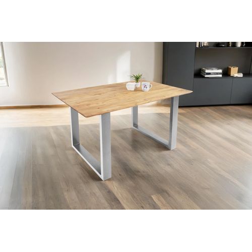 Esstisch 140 x 80 cm Dean, Massivholztisch Eiche, Schweizer Kante, Esszimmertisch mit U-Gestell aus Metall Silber, pflegeleichter Holztisch