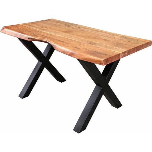 Esstisch 120 x 80 cm Cali, Baumkantentisch naturfarben, Akazienholz massiv, X-Gestell aus Metall Schwarz, aufgedoppelte Kanten 25+25 mm