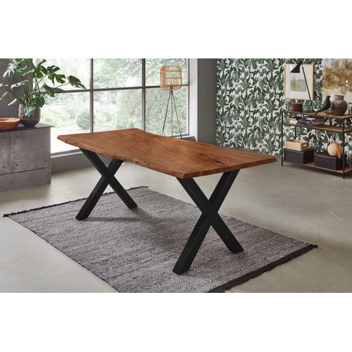Esstisch 160x85 cm Bologna, Akazienholz massiv + nussbaumfarben + lackiert, echte Baumkante, Baumkantentisch mit X-Gestell aus Metall schwarz, Esszimmertisch mit Tischplatte 26 mm