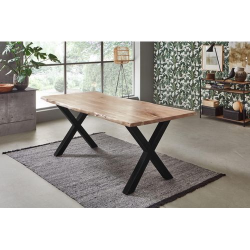 Esstisch 300x100 cm Bologna, Akazienholz massiv + naturfarben + lackiert, echte Baumkante, Baumkantentisch mit X-Gestell aus Metall schwarz, Esszimmertisch mit Tischplatte 26 mm