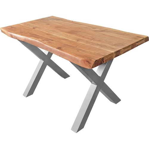 Esstisch 160 x 85 cm Cali, Baumkantentisch naturfarben, Akazienholz massiv, X-Gestell aus Metall Silber, aufgedoppelte Kanten 25+25 mm