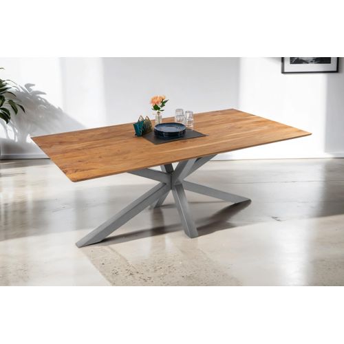 Esstisch 200 x 100 cm Dean, Massivholztisch Eiche, Schweizer Kante, Esszimmertisch mit Spider-Gestell aus Metall Silber, pflegeleichter Holztisch