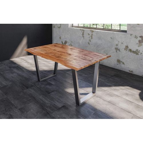Esstisch Dora 120 x 80 cm, Mangoholz massiv, lackiert & naturfarben, Baumkantentisch mit V-Metallgestell in Silber, echte Baumkante, 26 mm