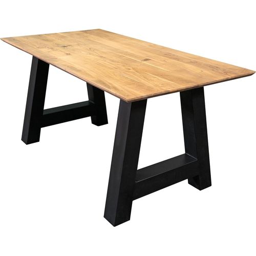 Esstisch 140x80 cm Amalie, Akazienholz massiv + naturfarben, Esszimmertisch mit Schweizer Kante, A-Metallgestell Schwarz, massiver Holztisch, Tischplatte 26mm