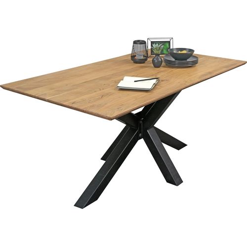 Esstisch 140x80 cm Abby, Akazienholz massiv + naturfarben, Esszimmertisch mit Schweizer Kante, Spider-Metallgestell Schwarz, massiver Holztisch, Tischplatte 26mm