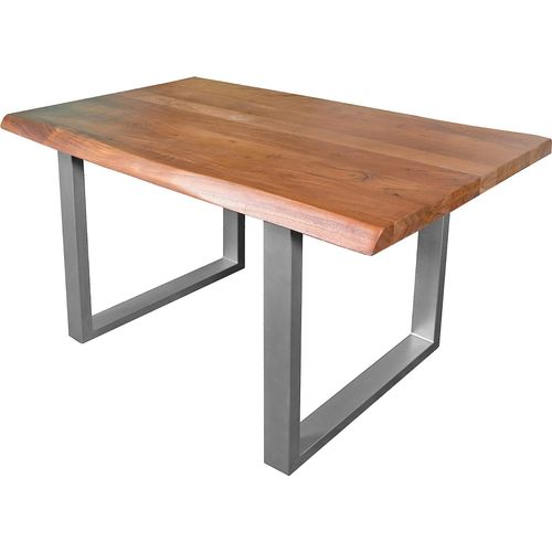 Esstisch 140 x 80 cm Cali, Baumkantentisch nussbaumfarben, Akazienholz massiv, U-Gestell aus Metall Silber, aufgedoppelte Kanten 25+25 mm