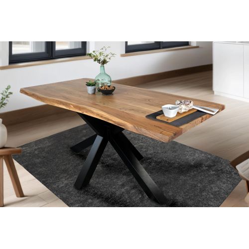 Esstisch 120 x 80 cm Tim, Baumkantentisch naturfarben, Akazienholz massiv, Spider-Gestell aus Metall Schwarz