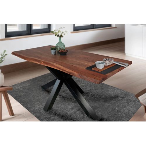 Esstisch 120 x 80 cm Tim, Baumkantentisch nussbaumfarben, Akazienholz massiv, Spider-Gestell aus Metall Schwarz