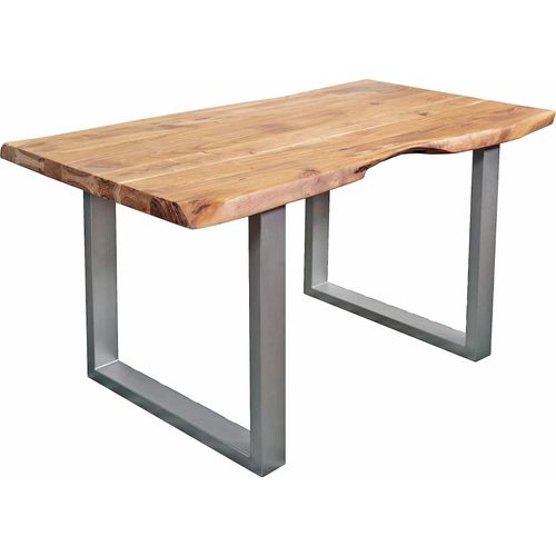 Esstisch 120 x 80 cm Cali, Baumkantentisch naturfarben, Akazienholz massiv, U-Gestell aus Metall Silber, aufgedoppelte Kanten 25+25 mm