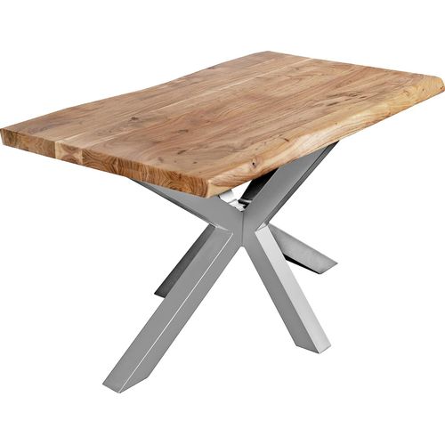 Esstisch 140 x 80 cm Cali, Baumkantentisch naturfarben, Akazienholz massiv, Spider-Gestell aus Metall Silber, aufgedoppelte Kanten 25+25 mm