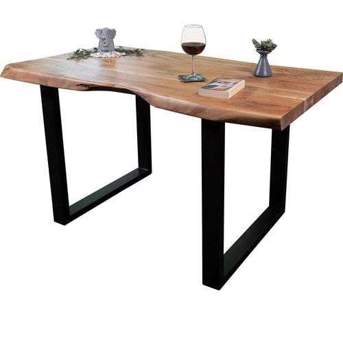 Esstisch 120 x 80 cm Cali, Baumkantentisch naturfarben, Akazienholz massiv, U-Gestell aus Metall Schwarz, aufgedoppelte Kanten 25+25 mm