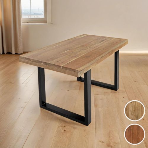 Esstisch 140 x 80 cm Rio, Esszimmertisch naturfarben, Akazienholz massiv, U-Gestell aus Metall Schwarz, gerade Kanten