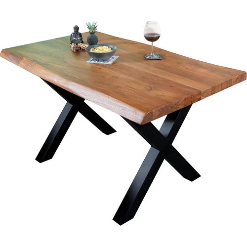 Esstisch 160 x 85 cm Cali, Baumkantentisch nussbaumfarben, Akazienholz massiv, X-Gestell aus Metall Schwarz, aufgedoppelte Kanten 25+25 mm
