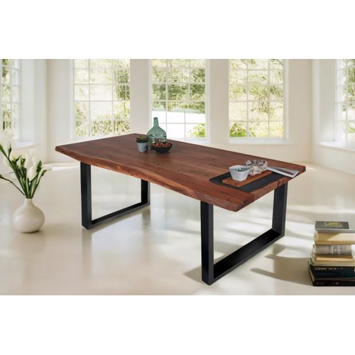 Esstisch 140 x 80 cm Tomaso, Baumkantentisch nussbaumfarben, Akazienholz massiv, U-Gestell aus Metall Schwarz, echte Baumkante