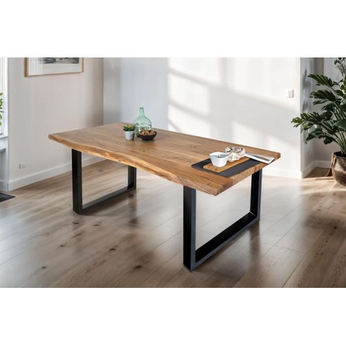 Esstisch 140 x 80 cm Tomaso, Baumkantentisch naturfarben, Akazienholz massiv, U-Gestell aus Metall Schwarz, echte Baumkante