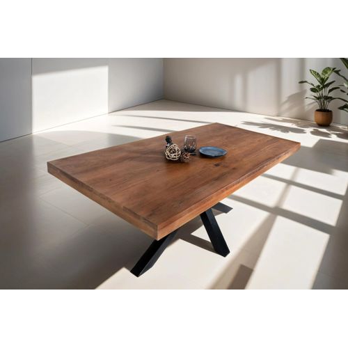 Esstisch 220 x 100 cm Rio, Esszimmertisch nussbaumfarben, Akazienholz massiv, Spider-Gestell aus Metall Schwarz, gerade Kanten
