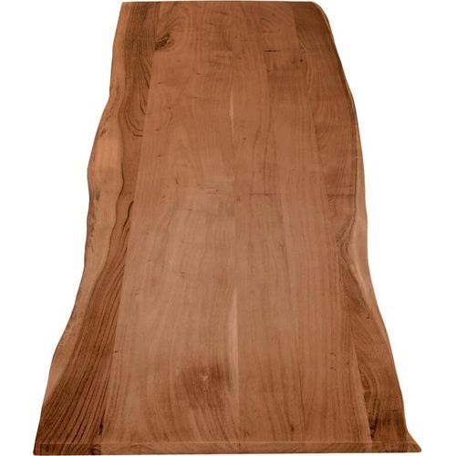 Holzplatte 200x60 cm Curt, Tischplatte aus Akazienholz massiv + nussbaumfarben, Baumkanten-Platte für Heimwerker, geeignet für Arbeitsplatten, Tische & Fensterbretter