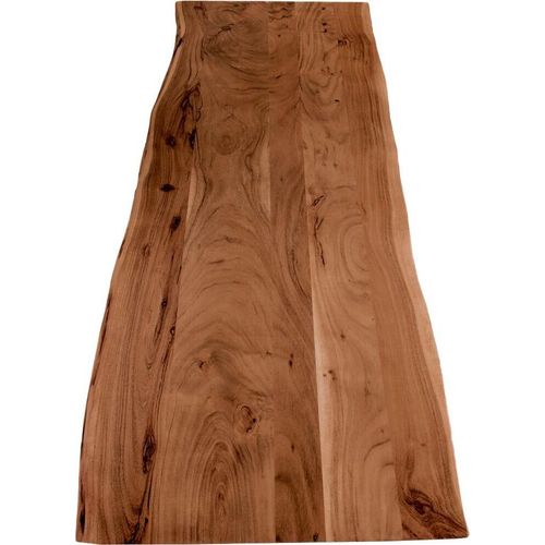 Holzplatte 160x60 cm Curt, Tischplatte aus Akazienholz massiv + nussbaumfarben, Baumkanten-Platte für Heimwerker, geeignet für Arbeitsplatten, Tische & Fensterbretter