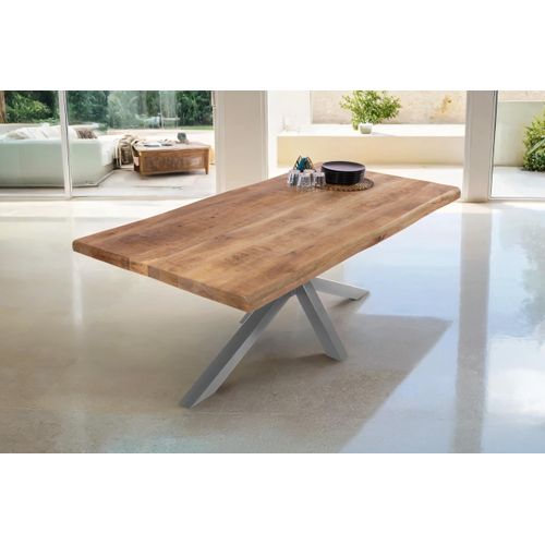 Esstisch Cali | 220 x 100 cm | Mangoholz | Farbe: Natur/rau | Spider-Gestell Metall Silber | Massivholz mit echter Baumkante | pflegeleichter Baumkantentisch/Esszimmertisch