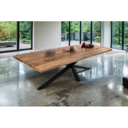 Esstisch Cali | 260 x 100 cm | Mangoholz | Farbe: Natur/rau | Spider-Gestell Metall Schwarz | Massivholz mit echter Baumkante | pflegeleichter Baumkantentisch/Esszimmertisch