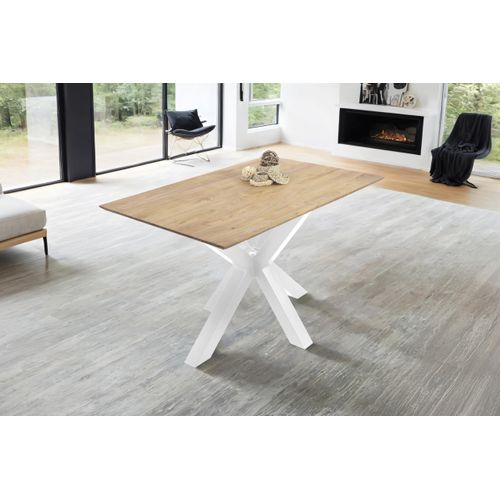 Esstisch 140 x 80 cm Dean, Massivholztisch Eiche, Schweizer Kante, Esszimmertisch mit Spider-Gestell aus Metall Weiß, pflegeleichter Holztisch