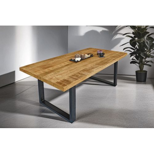 Esstisch 180 x 90 cm Libro, Mangoholz massiv & raue Oberfläche, Esszimmertisch mit U-Metallgestell in Schwarz