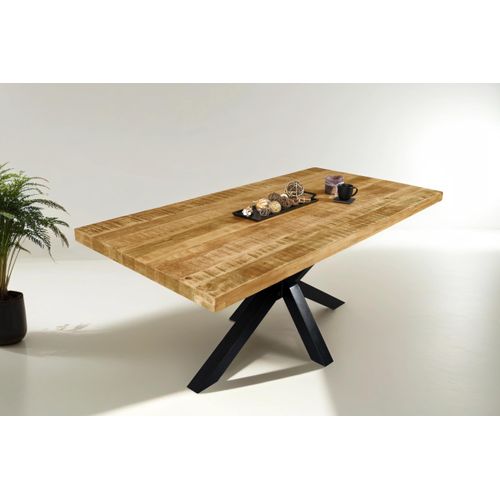 Esstisch 160 x 85 cm Libro, Mangoholz massiv & raue Oberfläche, Esszimmertisch mit Spider-Metallgestell in Schwarz, gerade Kante