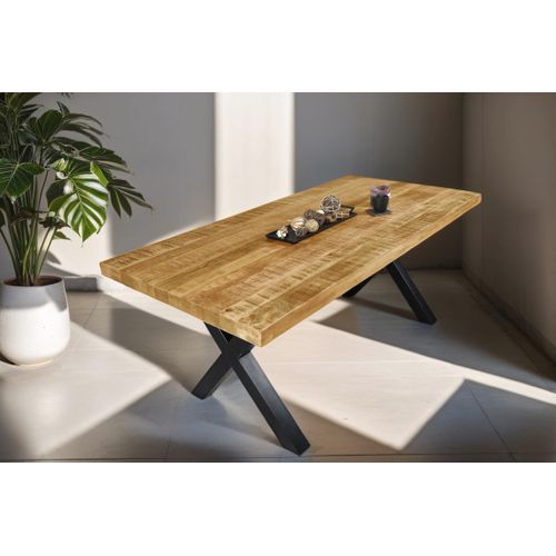 Esstisch 180 x 90 cm Libro, Mangoholz massiv & raue Oberfläche, Esszimmertisch mit X-Metallgestell in Schwarz, gerade Kante