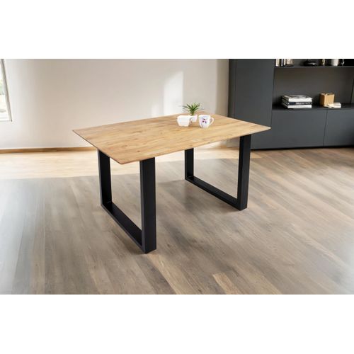 Esstisch 120 x 80 cm Dean, Massivholztisch Eiche, Schweizer Kante, Esszimmertisch mit U-Gestell aus Metall Schwarz, pflegeleichter Holztisch