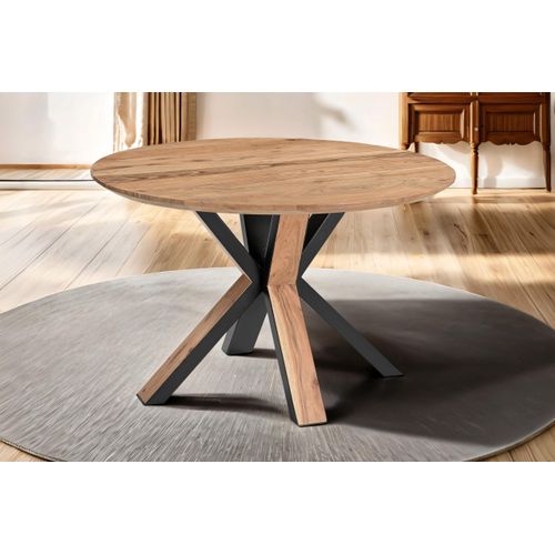 Runder Esstisch 105 cm Cara, Akazienholz naturfarben + massiv, Esszimmertisch mit Schweizer Kante, Spider-Gestell Metall Schwarz/Holz außen, pflegeleichter Holztisch