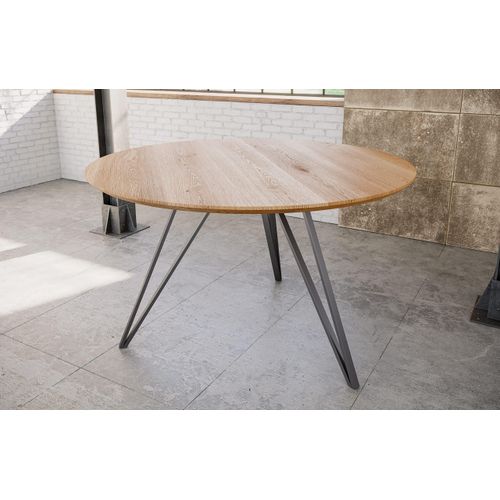Runder Esstisch 90 cm Dream, Eichenholz geölt, Esszimmertisch mit Schweizer Kante, Hairpin-Gestell Eisen Silber, massiver Holztisch, Tischplatte 26mm
