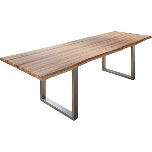 Esszimmertisch 240 x 100 cm Roman, Wildbuche massiv & geölt, echte Baumkante, Baumkantentisch mit U-Gestell aus Metall Silber