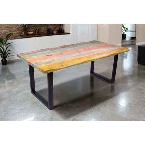 Esstisch Libro | 200 x 100 cm | Mangoholz massiv & bunt lackiert | Baumkante | U-Gestell Metall Schwarz | pflegeleichter Baumkantentisch/Esszimmertisch | Shabby Chic