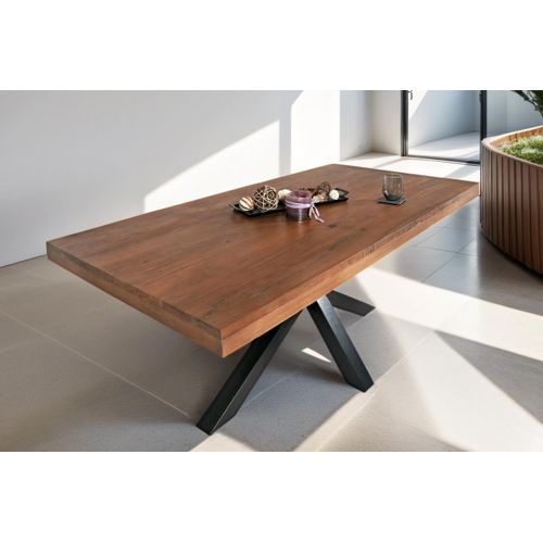 Esstisch 140 x 80 cm Rio, Esszimmertisch nussbaumfarben, Akazienholz massiv, Spider-Gestell aus Metall Schwarz, gerade Kanten